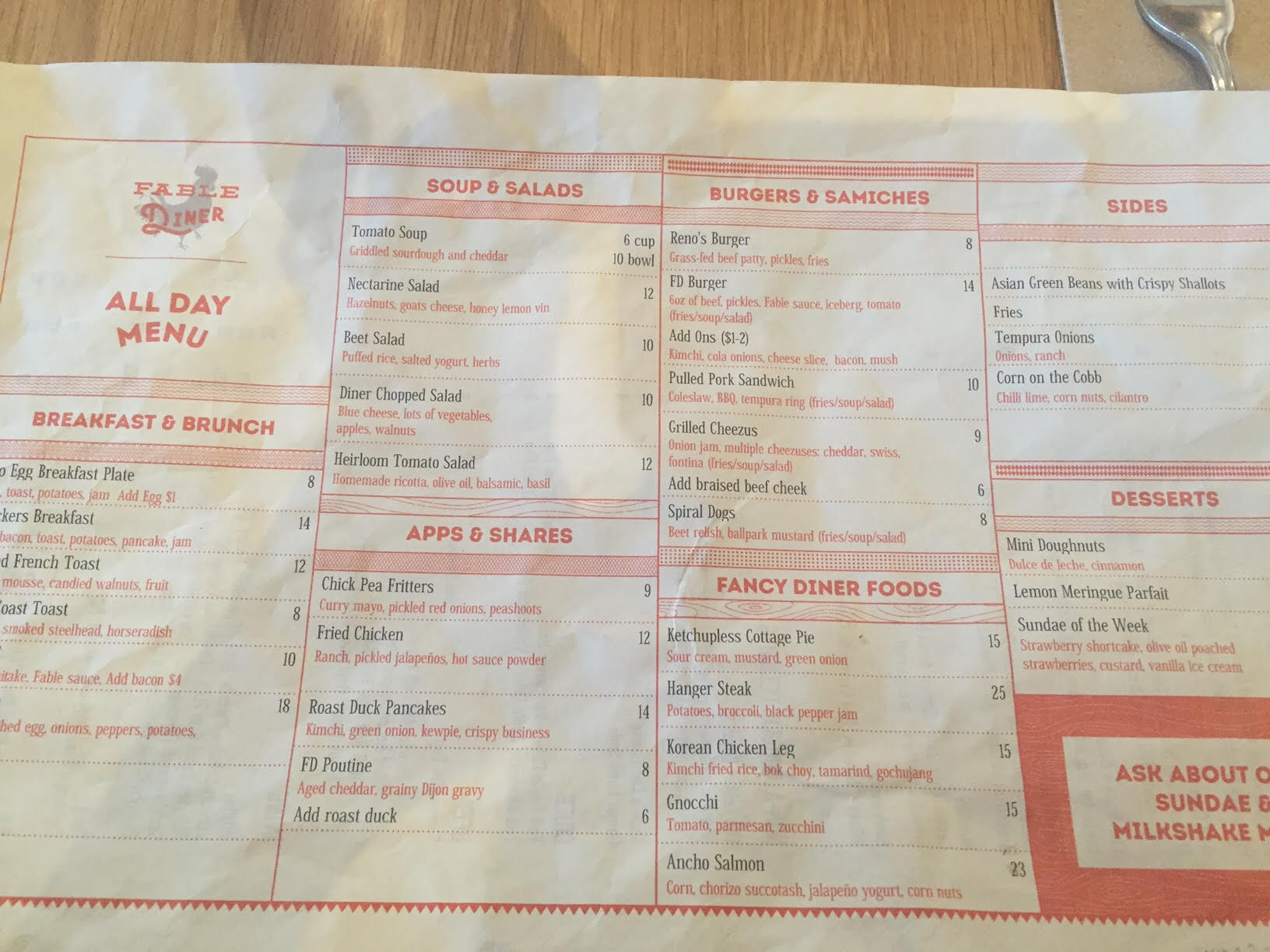 Fable Diner Menu